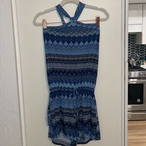 Elan Beach Halter Romper in Navy and light Blue Pattern | S